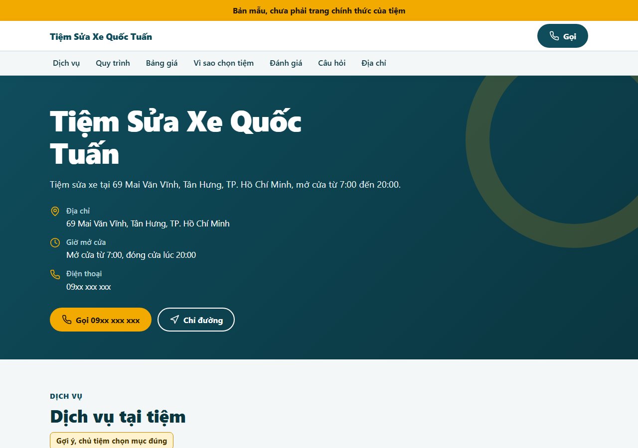Phần đầu trang landing trên máy tính: dải vàng bản mẫu, thanh trên cùng có tên Tiệm Sửa Xe Quốc Tuấn và nút Gọi, dòng menu, phần đầu nền xanh với địa chỉ, giờ mở cửa, hai nút Gọi và Chỉ đường.
