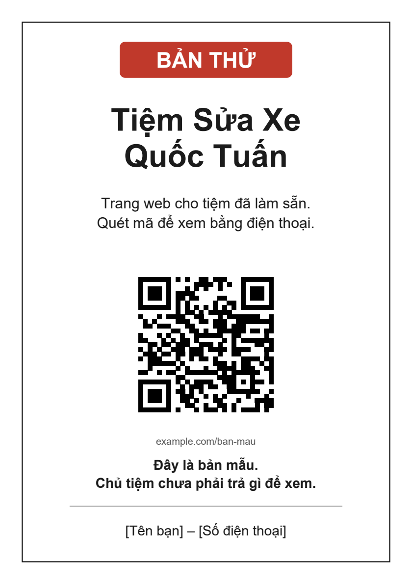 Tờ A5: nhãn BẢN THỬ, tên Tiệm Sửa Xe Quốc Tuấn, dòng mời quét mã, mã QR, dòng bản mẫu, chỗ giữ cho tên và số điện thoại.